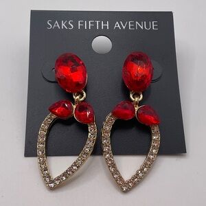 Saks Fifth Avenue Red and Gold Crystal Heart Earrings